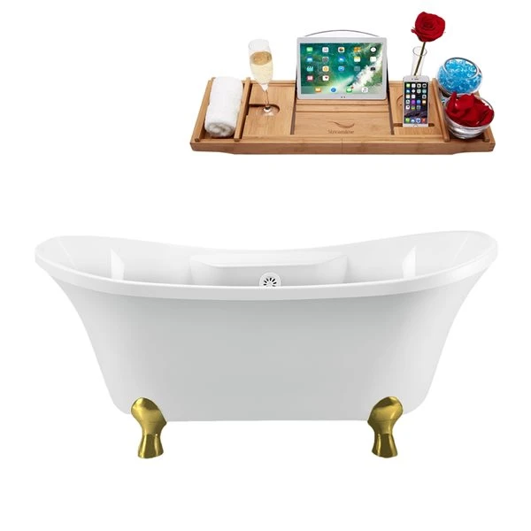 Streamline 34-in X 68-in White And Brushed Gold Acrylic Oval Clawfoot Bathtub With Glossy White Centre Drain And Tray - Image 2