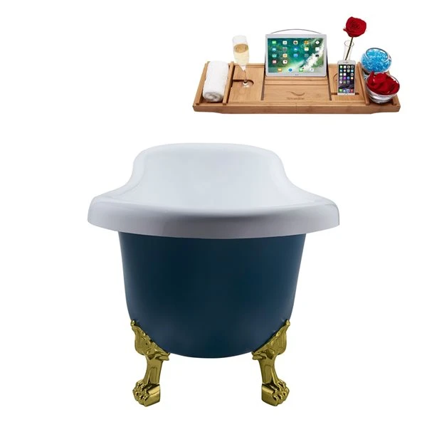 Streamline 27.5-in X 61-in Oval Blue And Brushed Gold Acrylic Clawfoot Bathtub With Polished Gold Reversible Drain And Tray - Image 2