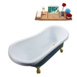 Streamline 27.5-in X 61-in Oval Blue And Brushed Gold Acrylic Clawfoot Bathtub With Polished Gold Reversible Drain And Tray