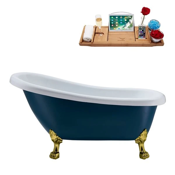 Streamline 27.5-in X 61-in Oval Blue And Brushed Gold Acrylic Clawfoot Bathtub With Polished Gold Reversible Drain And Tray - Image 4