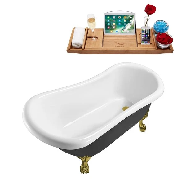 Streamline 27.5-in X 61-in Oval Black And Brushed Gold Acrylic Clawfoot Bathtub With Brushed Gold Reversible Drain And Tray