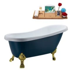 Streamline 27.5-in X 61-in Oval Blue And Brushed Gold Acrylic Clawfoot Bathtub With Matte Black Reversible Drain And Tray