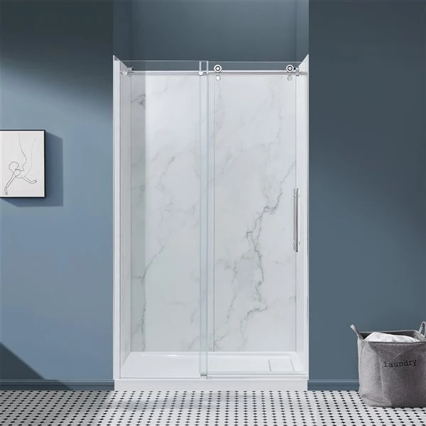OVE Decors Mila Carrara Marble And Chrome 47.68-in X 31.3-in X 80-in Alcove Shower Kit - 2-Piece - Image 5