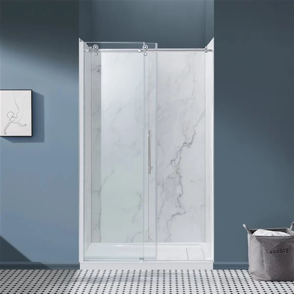 OVE Decors Mila Carrara Marble And Chrome 47.68-in X 31.3-in X 80-in Alcove Shower Kit - 2-Piece - Image 2