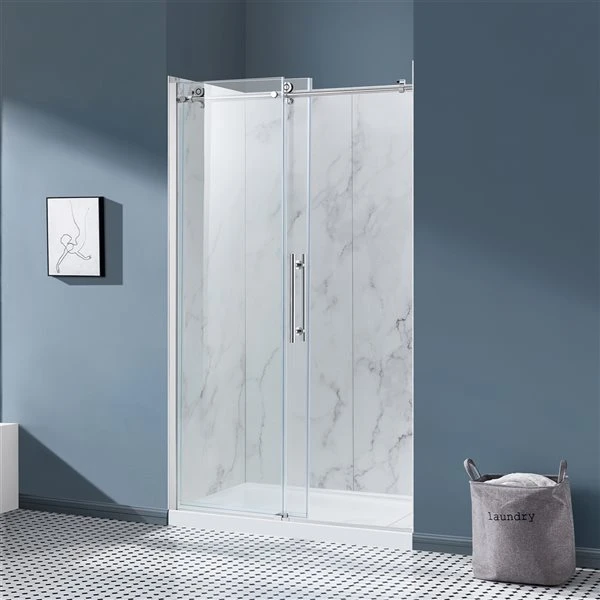 OVE Decors Mila Carrara Marble And Chrome 47.68-in X 31.3-in X 80-in Alcove Shower Kit - 2-Piece - Image 4