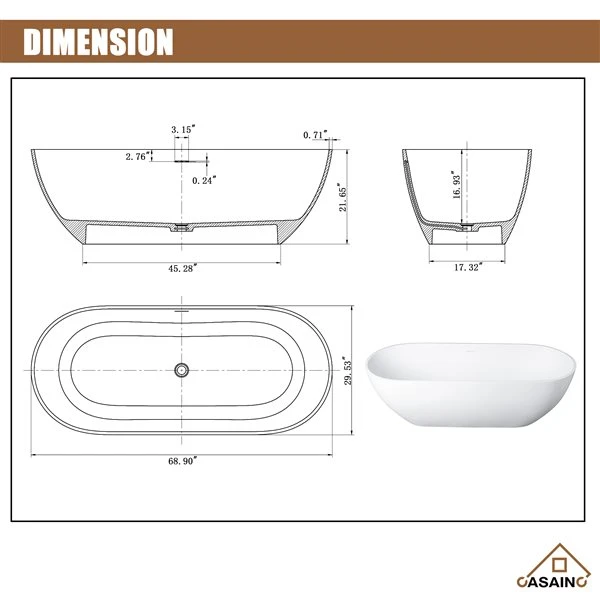 CASAINC 29.5-in X 69-in White Solid Surface Oval Center Drain Freestanding Bathtub - Image 5