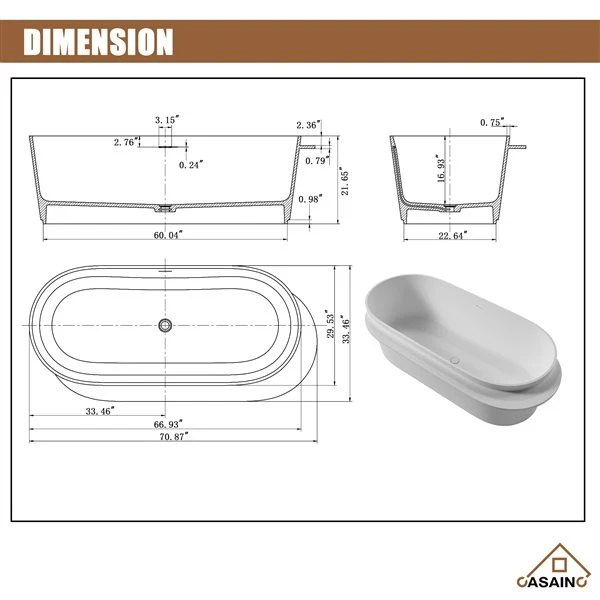 CASAINC 33.5-in X 71-in White Solid Surface Oval Center Drain Freestanding Bathtub - Image 2