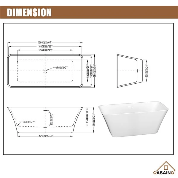 CASAINC 30-in X 67-in White Acrylic Rectangular Center Drain Freestanding Bathtub - Image 4