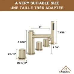 CASAINC Brushed Champagne Gold 3-Handle Deck Mount Roman Bathtub Faucet With Hand Shower