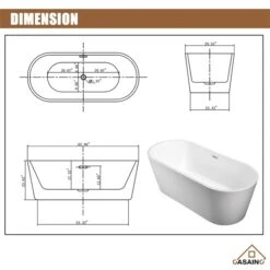 CASAINC 23.63-in X 62.99-in White Acrylic Oval Center Drain Freestanding Bathtub