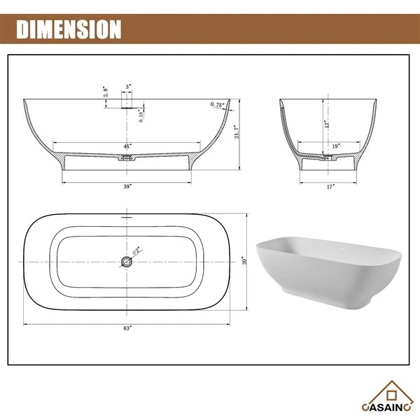 CASAINC 29.5-in X 63-in White Solid Surface Oval In Rectangle Freestanding Bathtub With Center Drain - Image 4