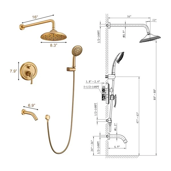 CASAINC Built-in Shower System In Brushed Gold With Hand Shower - Image 4