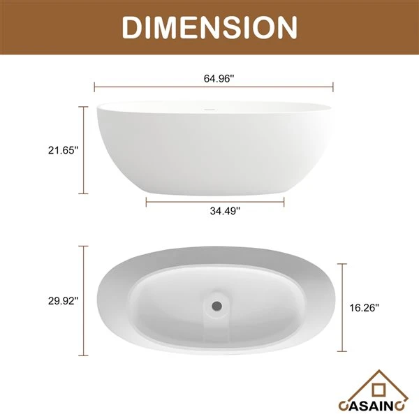 CASAINC 29.53-in X 64.96-in White Solid Surface Oval Center Drain Freestanding Bathtub - Image 3
