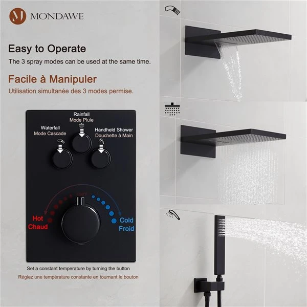 Mondawe 2-Function Thermostatic Complete Shower System With Rough-In Valve - Black - Image 2