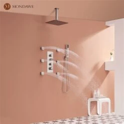 Mondawe 12-in Celling Mount Thermostatic Rain Shower System With 6 Body Jets - Brushed Nickel