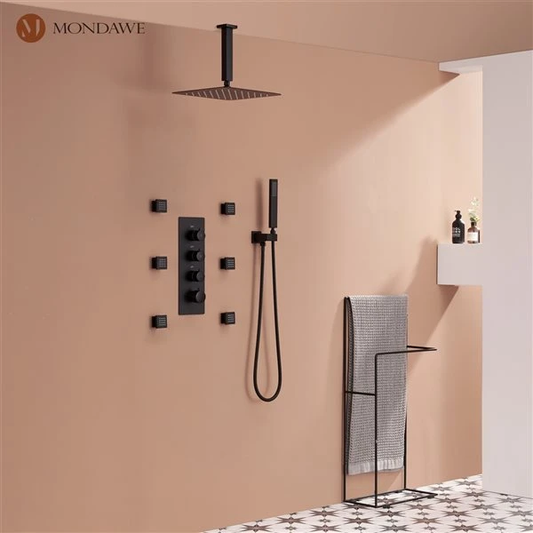 Mondawe 12-in Celling Mount Thermostatic Rain Shower System With 6 Body Jets - Black - Image 2