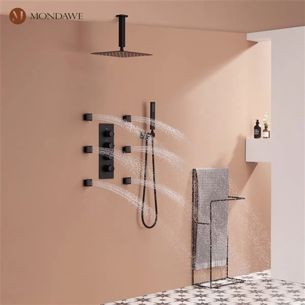 Mondawe 12-in Celling Mount Thermostatic Rain Shower System With 6 Body Jets - Black - Image 3