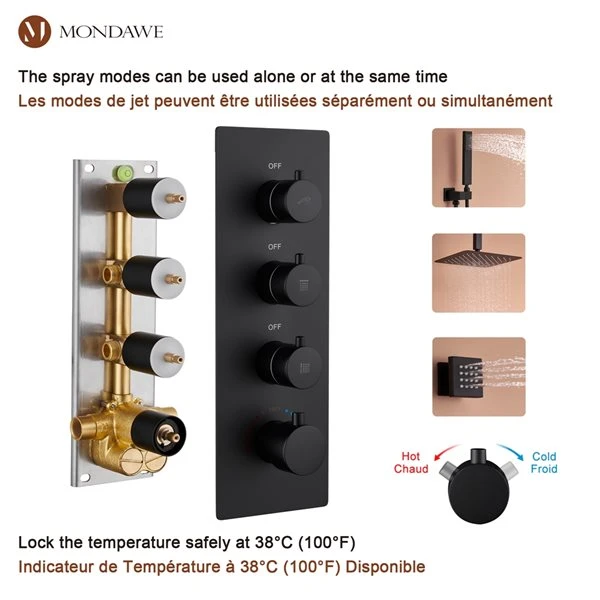 Mondawe 12-in Celling Mount Thermostatic Rain Shower System With 6 Body Jets - Black - Image 5