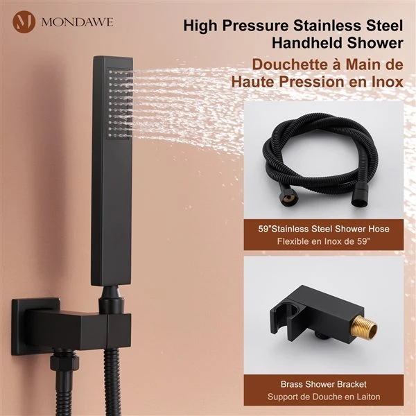 Mondawe 12-in Celling Mount Thermostatic Rain Shower System With 6 Body Jets - Black - Image 4