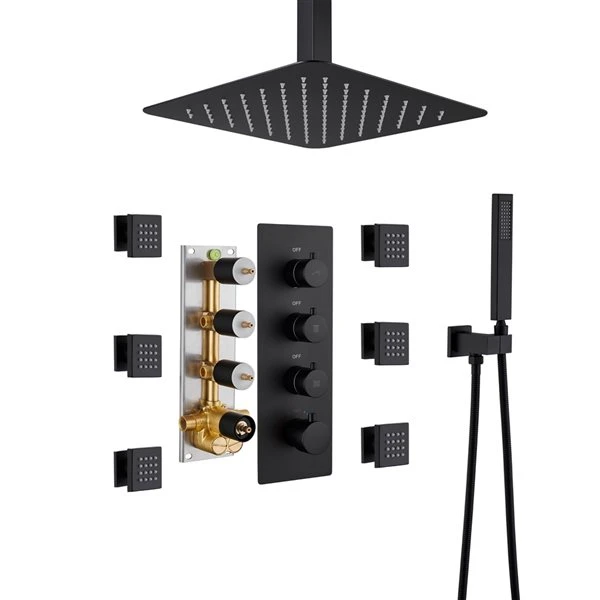 Mondawe 12-in Celling Mount Thermostatic Rain Shower System With 6 Body Jets - Black