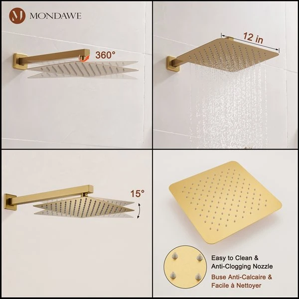 Mondawe 2-Function Thermostatic Complete Shower System With Rough-In Valve - Brushed Gold - Image 4