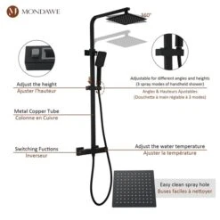 Mondawe Thermostatic Shower Bar System With Square Shower Head-in Matte Black