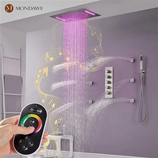 Mondawe 4-Function Thermostatic Built-in Shower System With LED And Music Player - Brushed Nickel - Image 4