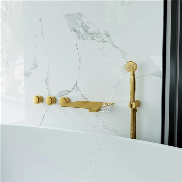 Mondawe Brushed Gold 3-Handle Wall-Mount Bathtub Faucet With Hand Shower - Image 5