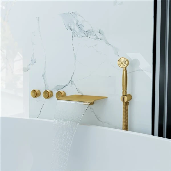 Mondawe Brushed Gold 3-Handle Wall-Mount Bathtub Faucet With Hand Shower - Image 2