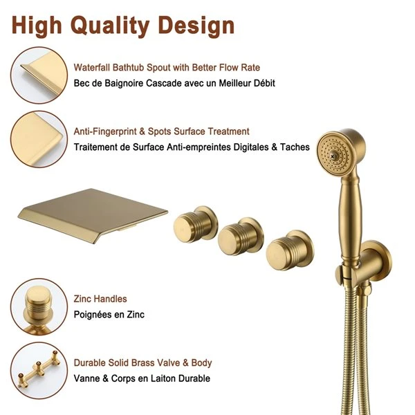 Mondawe Brushed Gold 3-Handle Wall-Mount Bathtub Faucet With Hand Shower