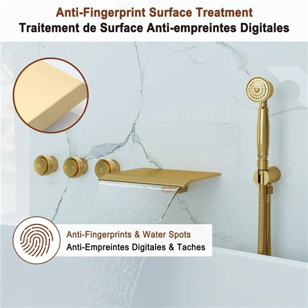 Mondawe Brushed Gold 3-Handle Wall-Mount Bathtub Faucet With Hand Shower - Image 3