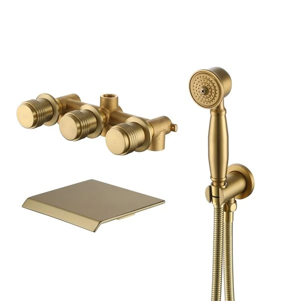 Mondawe Brushed Gold 3-Handle Wall-Mount Bathtub Faucet With Hand Shower - Image 4