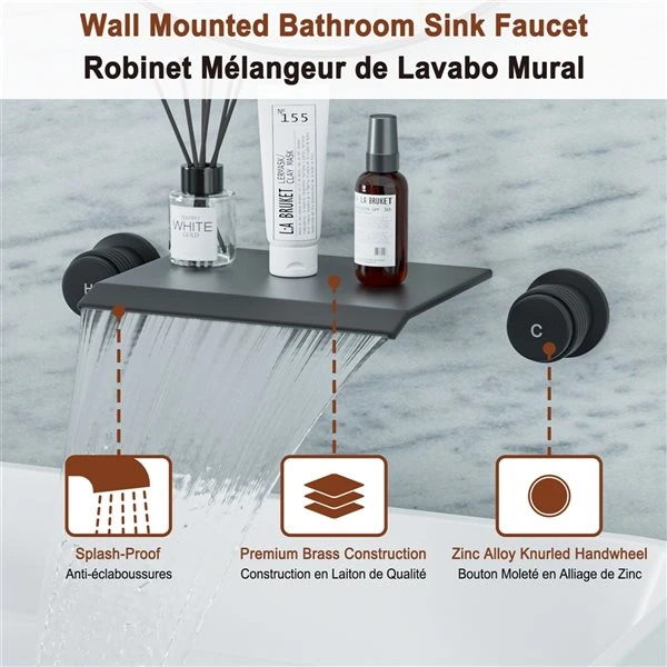 Mondawe Matte Black 2-Handle Wall-Mount Waterfall Bathroom Sink Faucet - Image 5