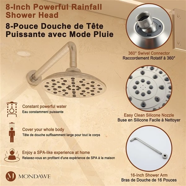 Mondawe Brushed Nickel Built-in Shower Head With Hand Shower - Image 4