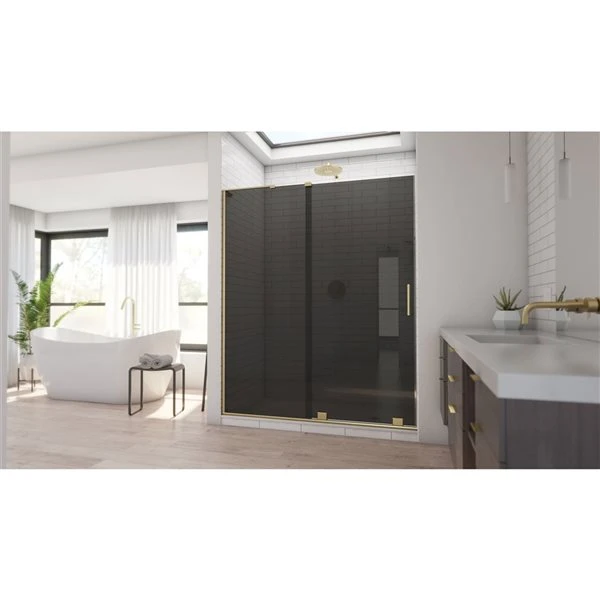 DreamLine Mirage-X 72-in X 56-in To 60-in Frameless Bypass/Sliding Brushed Gold Shower Door With Smoked Glass - Image 4