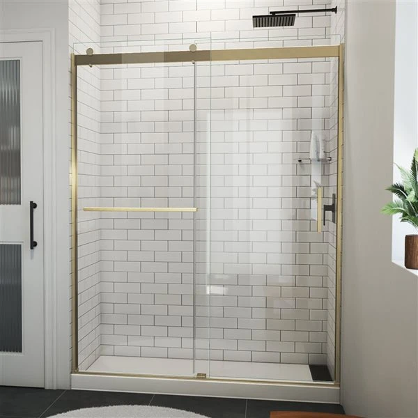 DreamLine Sapphire-V 76-in X 56-in To 60-in Semi-frameless Bypass/Sliding Brushed Gold Shower Door - Image 3
