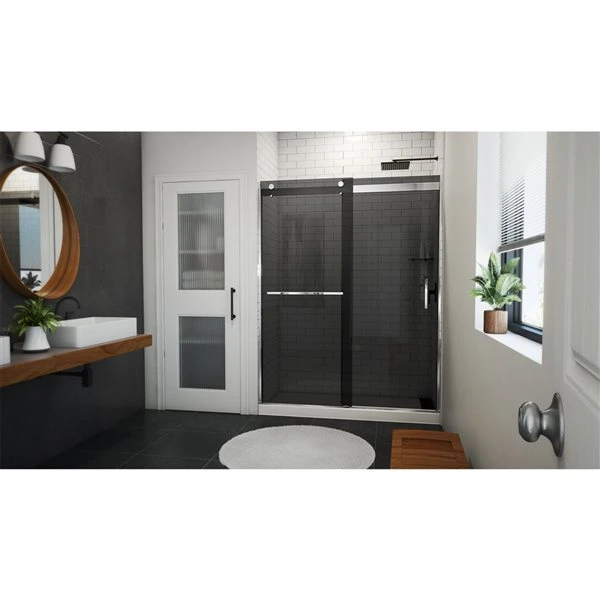 DreamLine Sapphire-V 76-in X 56-in To 60-in Semi-frameless Bypass/Sliding Chrome Shower Door With Smoked Glass - Image 2