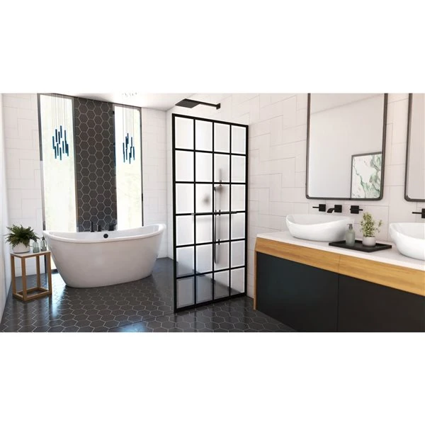 DreamLine French Linea 72-in X 34-in To 34-in Frameless Fixed Satin Black Shower Door With Frosted Glass - Image 5