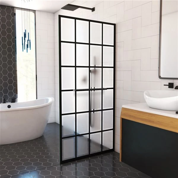 DreamLine French Linea 72-in X 34-in To 34-in Frameless Fixed Satin Black Shower Door With Frosted Glass