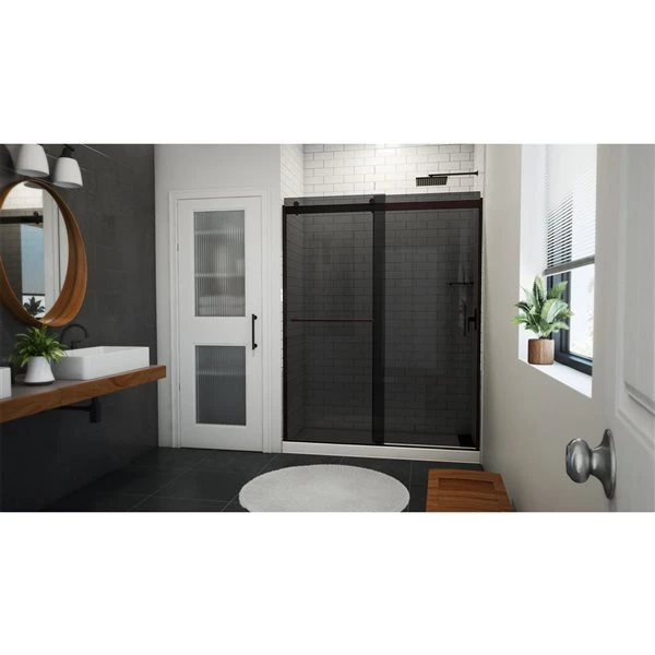 DreamLine Sapphire-V 76-in X 56-in To 60-in Semi-frameless Bypass/Sliding Oil Rubbed Bronze Shower Door With Smoked Glass - Image 5