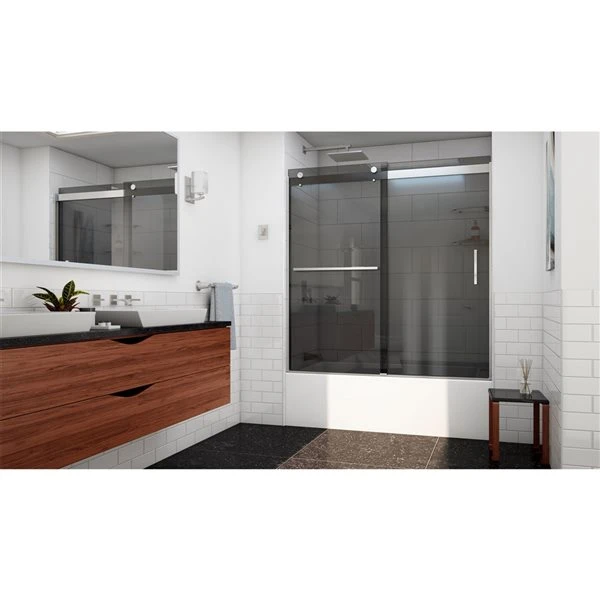 DreamLine Sapphire-V 62-in X 56 To 60-in Smoked Grey Bathtub/Shower Glass Panel With Brushed Nickel Hardware