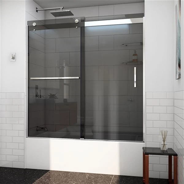 DreamLine Sapphire-V 62-in X 56 To 60-in Smoked Grey Bathtub/Shower Glass Panel With Chrome Hardware - Image 5