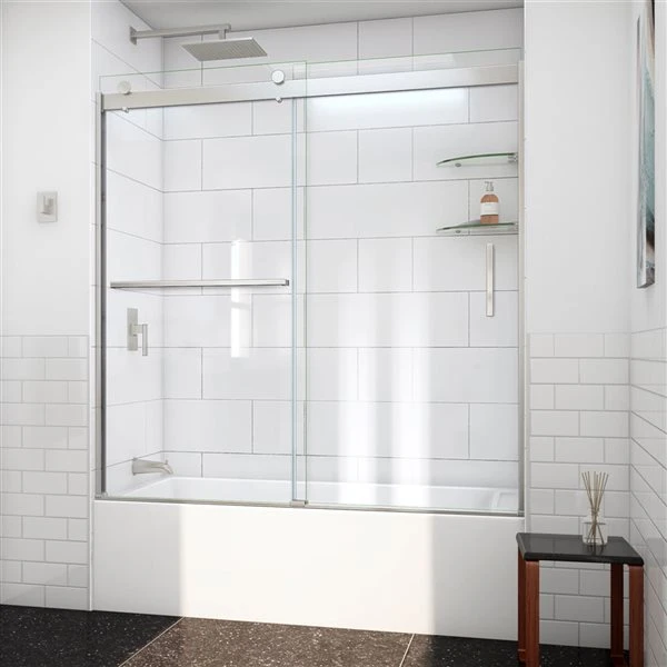 DreamLine Sapphire-V 62-in X 56 To 60-in Clear Bathtub/Shower Glass Panel With Brushed Nickel Hardware - Image 4