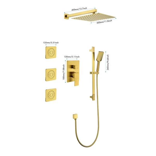 WELLFOR Brushed Gold Wall-Mounted Shower System With 12-in Shower Head And Body Sprays