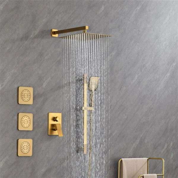 WELLFOR Brushed Gold Wall-Mounted Shower System With 12-in Shower Head And Body Sprays - Image 2