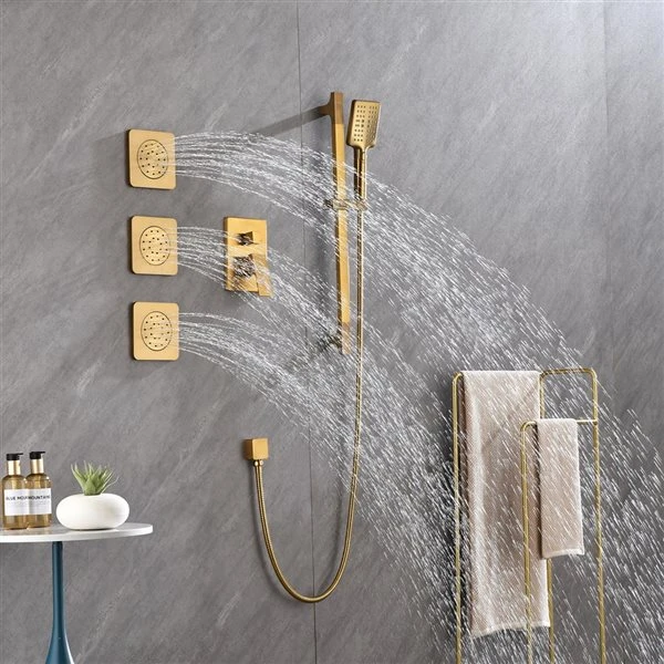 WELLFOR Brushed Gold Wall-Mounted Shower System With 12-in Shower Head And Body Sprays - Image 3