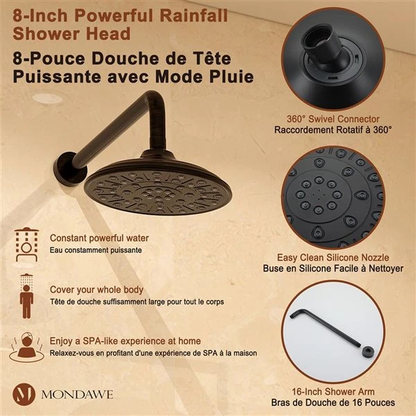 Mondawe 3-Function Wall Mounted Oil-Rubbed Bronze Built-in Rainfall Shower System With Tub Spout - Image 3