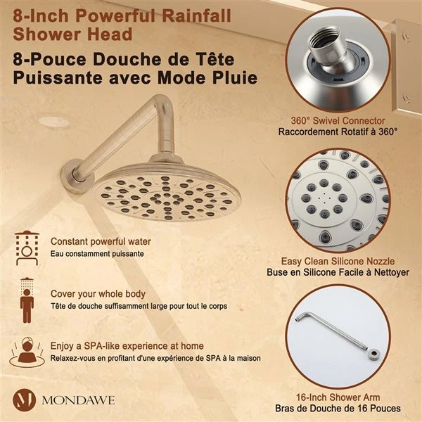 Mondawe 3-Function Wall Mounted Brushed Nickel Built-in Rainfall Shower System With Spout - Image 4
