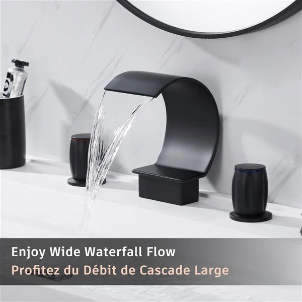 Mondawe Matte Black 2-handle Widespread Arc Waterfall Bathroom Sink Faucet - Image 3