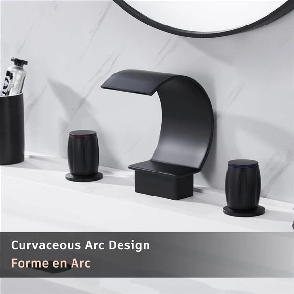 Mondawe Matte Black 2-handle Widespread Arc Waterfall Bathroom Sink Faucet - Image 2
